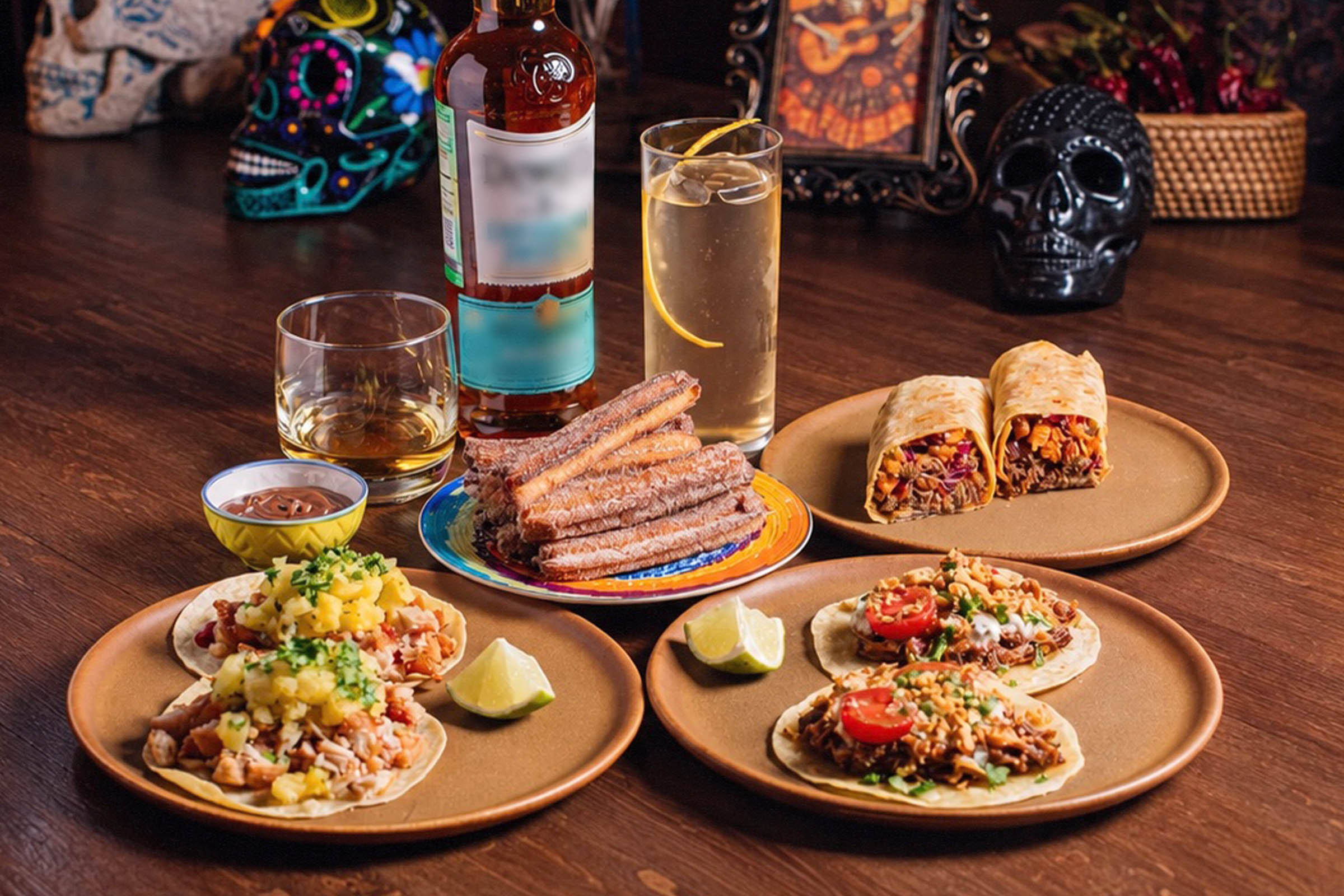 Paloma Cantina Paloma Cantina: тако, буррито и чуррос на столе с бутылкой текилы и черепами на фоне