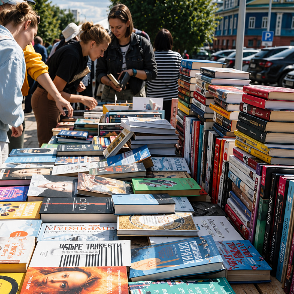 Уличная книжная ярмарка: люди разглядывают книги, разложенные стопками на столах под открытым небом